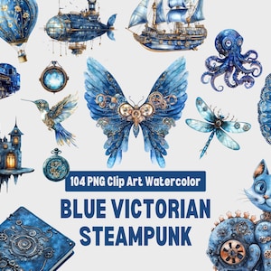 Blue Victorian Clipart, Watercolor Vintage Decor PNG, Elegant Victorian Style Clipart, Antique Blue Art, Historical Home, Retro Design