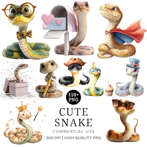 May include: A collection of whimsical snake illustrations. The snakes are depicted in various costumes and settings, including a superhero, a pirate, and a snake wearing glasses. The image includes the text "CUTE SNAKE" and "COMMERCIAL USE".