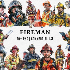 Fireman Clipart, Watercolor Firefighter PNG, Brave Hero Illustration, Whimsical Rescue Art, Cute Fireman Clipart, Emergency Service Set