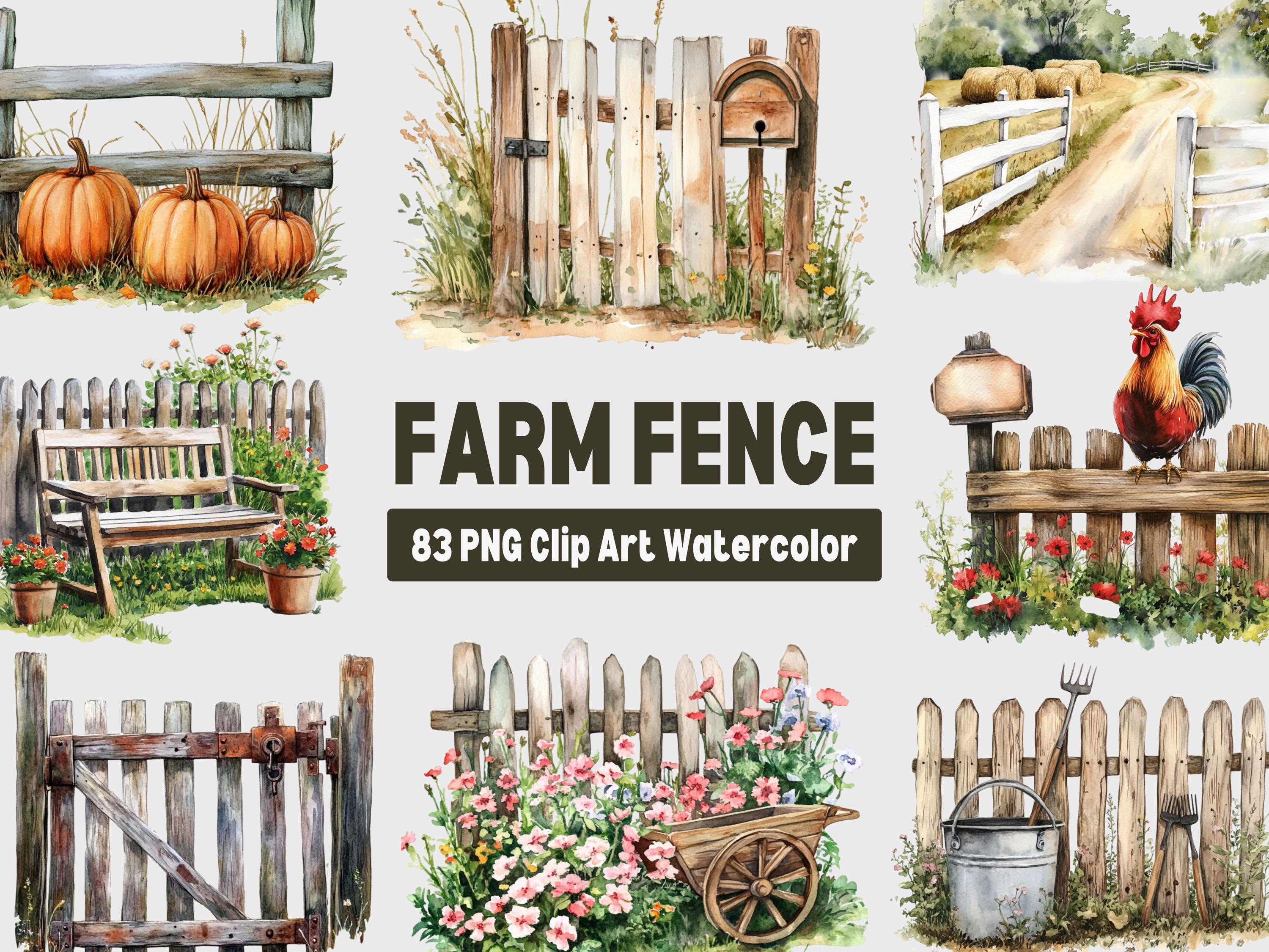 Farm Fence Clipart, Watercolor Rustic Fence PNG, Country Farm Decor ...