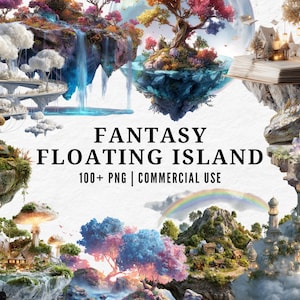 May include: A digital art image featuring multiple fantasy floating islands with waterfalls, trees, and buildings. The text "FANTASY FLOATING ISLAND" is displayed, along with "100+ PNG | COMMERCIAL USE". The image showcases a whimsical, colorful landscape.
