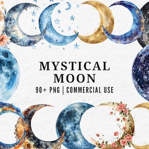 Mystical Moon Clipart, Watercolor Lunar PNG, Celestial Night Illustration, Whimsical Moon Art, Magic Moon Phase , Enchanted Celestial Set