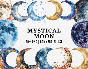 Watercolor Moon Clipart: Mystical Lunar PNG, Celestial Illustration (Digital Download