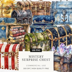 May include: A collection of watercolor-style treasure chests in various colors and designs. Some chests are open, revealing books, while others feature nautical themes or celestial patterns. The image includes text that reads "MISTERY SURPRISE CHEST".