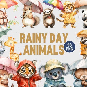 Rainy Day Animal Clipart, Watercolor Animal Clipart, Cute Rain Clipart, Umbrella Animal Clipart, Weather, Cozy Animal Raincoat Clipart