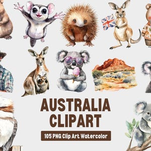 Australien Clipart, Aquarell Australien Wahrzeichen PNG, Outback Wildtiere Clipart, Aussie Reisekunst, Koala Känguru Clipart, Landkarte Kunst