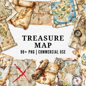 May include: A collection of antique-style treasure maps, some rolled, others flat, with nautical illustrations and compass roses. The text "TREASURE MAP" is displayed prominently, along with "90+ PNG | COMMERCIAL USE".