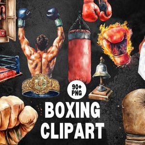 May include: Watercolor boxing clipart set featuring a variety of elements, including boxing gloves, a punching bag, a boxing ring, and a championship belt. The image also includes a boxer, a bell, and the text "BOXING CLIPART".