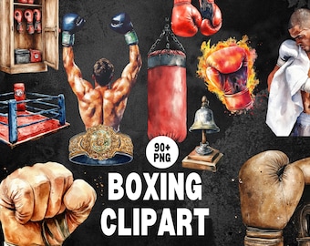 May include: Watercolor boxing clipart set featuring a variety of elements, including boxing gloves, a punching bag, a boxing ring, and a championship belt. The image also includes a boxer, a bell, and the text "BOXING CLIPART".