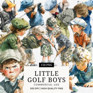 Little Golf Boys Clipart, Cute Kids Playing Golf Illustration, Sports Watercolor Boys PNG, Whimsical Golf Party Art, Summer Outdoor Activity