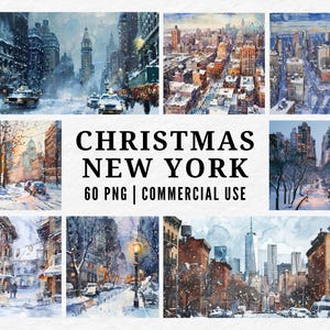 Winter New York Clipart, Watercolor Snowy City PNG, Whimsical NYC, Frosty Urban Landscape, Enchanted Winter New York, Magical City Scene Set