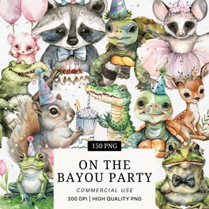 Puede incluir: Ilustración en acuarela con varios animales, incluyendo un mapache, una tortuga, un caimán, una ardilla y una rana, todos con sombreros de fiesta. La imagen incluye el texto "ON THE BAYOU PARTY" y está etiquetada como 150 PNG.
