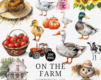 Farm Animal Clipart Set: Rustic Barn & Tractor PNG (Digital Download)