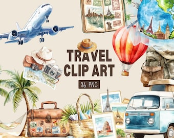 Watercolor Travel Clipart: Summer Vacation PNG (Digital Download)