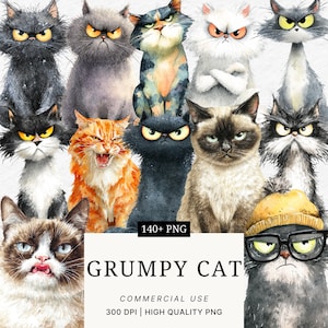 May include: A collection of watercolor illustrations of grumpy cats with various fur colors and expressions. The image includes the text "GRUMPY CAT" and "140+ PNG". The cats have angry eyes and are in a variety of poses.