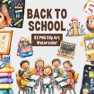 Zurück zu Schule Clipart, Aquarell Schule PNG, Klassenzimmer Zubehör Clipart, Bücher Clipart, niedliches Briefpapier, Bildung Illustration Schule Kunst