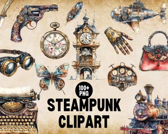 Steampunk Watercolor Clipart PNG, Vintage Gear Illustrations (Digital Download)