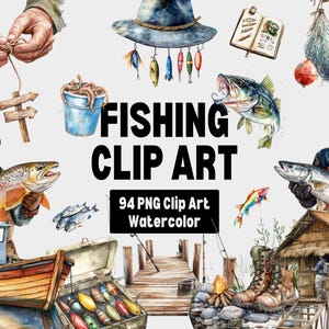 Fishing Clipart, Watercolor Fishing Clipart, Vintage Fishing Art, Fishing Rod Clipart, Fish Clipart, Tackle Box, Outdoor Sports Clipart PNG