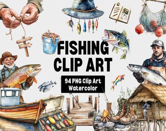 Watercolor Fishing Clipart: Vintage Fish Art, Tackle Box (PNG Digital Download)