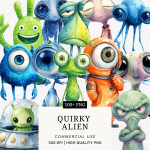 Op de afbeelding: Een verzameling grillige aquarel alien illustraties in verschillende kleuren, waaronder blauw, groen en oranje. De afbeelding bevat de tekst "Quirky Alien" en "100+ PNG". De aliens hebben grote ogen en unieke kenmerken.