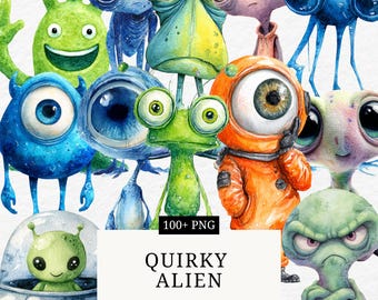 Imágenes prediseñadas de extraterrestre peculiar, linda criatura espacial PNG, divertida ilustración extraterrestre, arte cósmico de dibujos animados, adorable conjunto de imágenes de extraterrestres