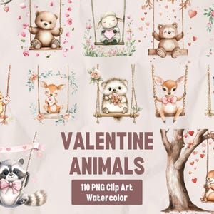 Valentine Animals Clipart, Watercolor Valentine Animals PNG, Cute Love Animals Art, Romantic Animal Clipart, Valentine&#39;s Day Animals Decor