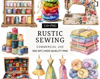 Rustic Sewing Clipart: Vintage Needlework, Tailor Illustration (Digital Download)