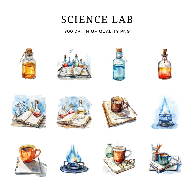 Science Lab Watercolor Clipart: Chemistry Equipment PNG (digital ...