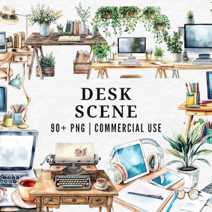 Könnte beinhalten: Aquarellillustration verschiedener Schreibtischszenen mit Computern, Laptops und Vintage-Artikeln. Das Bild enthält den Text "DESK SCENE 90+ PNG | COMMERCIAL USE". Die Schreibtische sind mit Pflanzen, Büchern und Büromaterialien dekoriert.