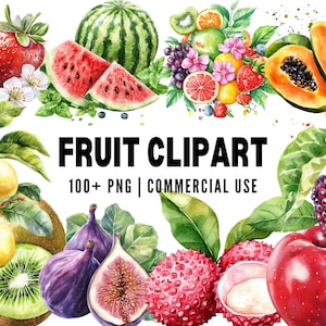 Fruit Clipart, Watercolor Fruit PNG, Tropical Fruit Illustration, Citrus Clipart, Summer Fruit Art, Fresh Food Clipart, Kitchen Decor