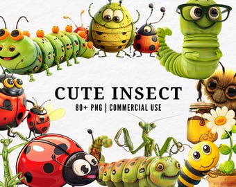 Cute Insect Clipart, Kawaii Bug PNG, Adorable Insect Illustration, Whimsical Creepy Crawly Art, Pastel Bug Clipart, Baby Insect Set