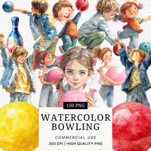 Op de afbeelding: Waterverfillustratie met kinderen die bowlen met kleurrijke bowlingballen en kegels. De afbeelding bevat de tekst "WATERCOLOR BOWLING" en "150 PNG". Het kunstwerk heeft een speelse en grillige stijl.