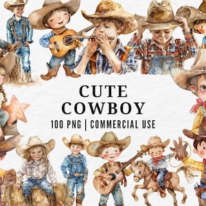 Cute Cowboy Clipart, Watercolor Wild West PNG, Adorable Cowboy Illustration, Whimsical Western Art, Kawaii Cowboy Clipart, Little Rodeo Set
