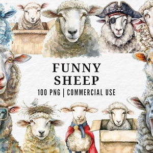 Funny Sheep Clipart, Watercolor Farm Animal PNG, Whimsical Sheep Illustration, Cute Pasture Art, Adorable Woolly Sheep, Playful Farmyard Set