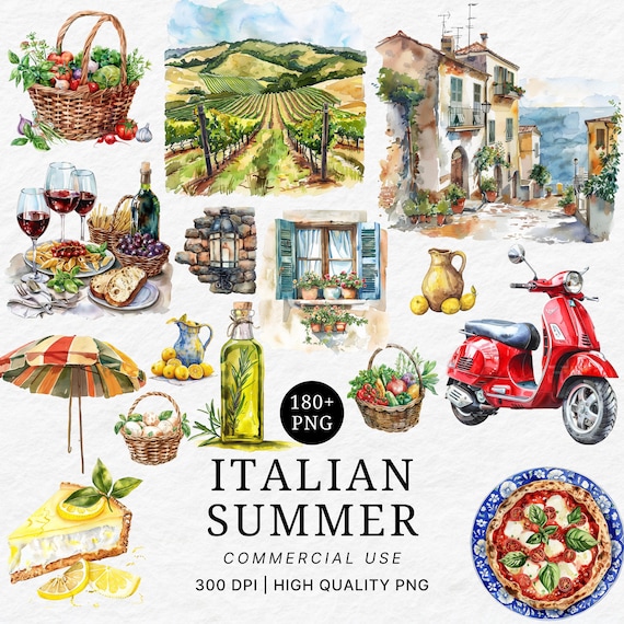 Italian Summer Clipart Set: Positano Lemon, Coastal Design