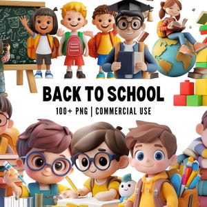 May include: A vibrant illustration with the text "BACK TO SCHOOL" and several cartoon children with backpacks, books, and school supplies. The image includes a chalkboard, a globe, and building blocks, all in a 3D style.