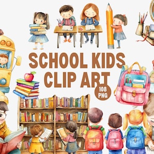 Schoolkinderen clipart, aquarel schoolkinderen png, schattige student clipart, klas clipart, terug naar school kunst, leren illustratie