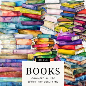 Stack of Books Clipart, Watercolor Book Pile Illustration, Cozy Reading PNG, Vintage Library Aesthetic, Book Lover Art, Study Desk Decor