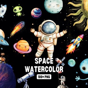 Watercolor Space Clipart | Cute Astronaut | Rockets and Watercolor Planets | Outer Space and Galaxy Themed | Nursery Decor Digital Files
