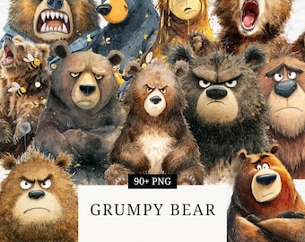 Set di clipart di Grumpy Bear: divertenti animali dei cartoni animati in formato PNG (download digitale)