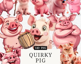 Conjunto de imágenes prediseñadas de cerdos caprichosos, divertidos animales de granja en formato PNG (descarga digital)