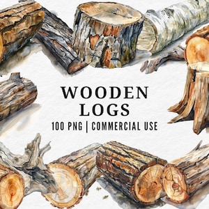 May include: Watercolor illustration of various wooden logs and stumps. The image features logs with visible growth rings and bark textures. Text reads "WOODEN LOGS 100 PNG | COMMERCIAL USE".