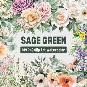 Sage Green Clipart, Watercolor Greenery Clipart, Vintage Botanical Clipart, Neutral Aesthetic Clipart, Foliage Clipart, Nature Clipart