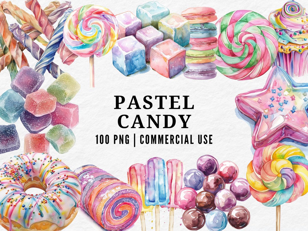 Pastel Candy Clipart, Watercolor Sweet Treats PNG, Whimsical Dessert ...