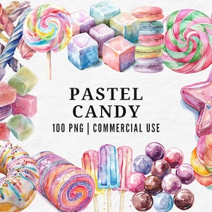 Pastel Candy Clipart, Watercolor Sweet Treats PNG, Whimsical Dessert, Cute Confectionery, Playful Pastel Candy, Adorable Sweets Lover Set