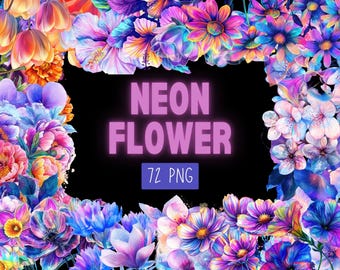 Neon Flower Clipart: Vibrant Watercolor Floral PNG (Digital Download)