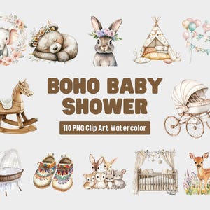Boho Baby Shower Nursery Clipart, Watercolor Baby Room PNG, Neutral Nursery Decor, Bohemian Baby Clipart, Crib, Cute Baby Room Illustration