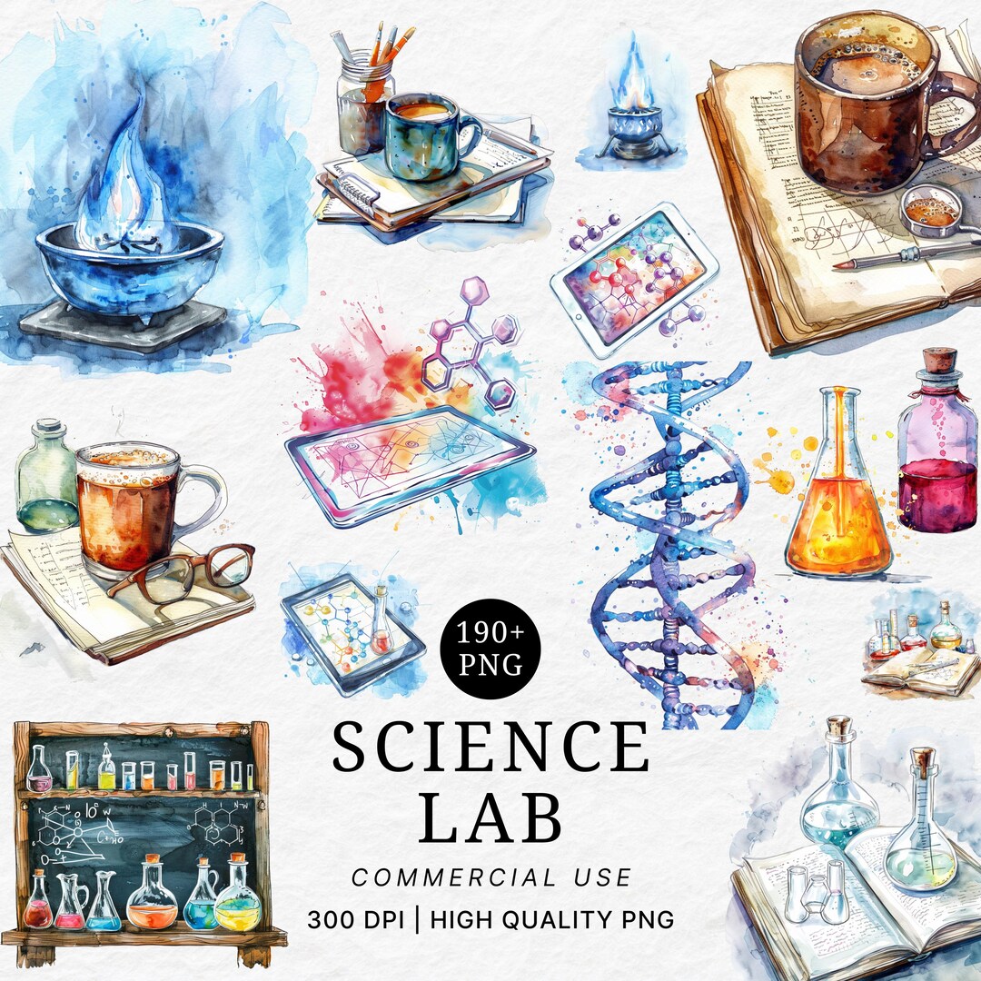 Science Lab Watercolor Clipart: Chemistry Equipment PNG (digital ...