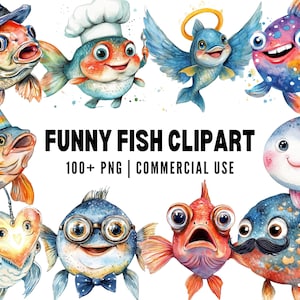 Lustige Fische Clipart, Aquarell PNG, Dumme Ozeantiere, süße Meerleben Kunst, wunderliche Fisch Illustration, Unterwasser Clipart, Kinder Ozean Kunst