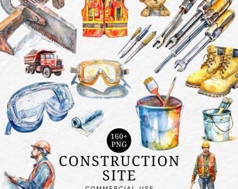 Construction Clipart Set: Watercolor Builder Truck, Tools PNG (Digital Download)